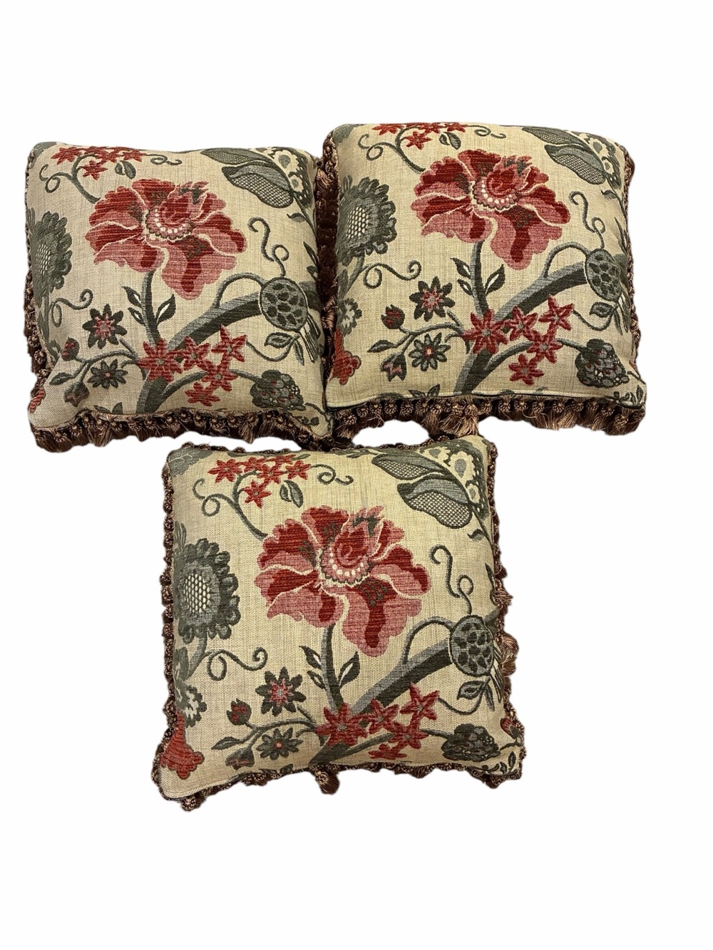 Set of 3 22” Square Floral Tapestry Throw Pillows Muted Colors Tassels Classic